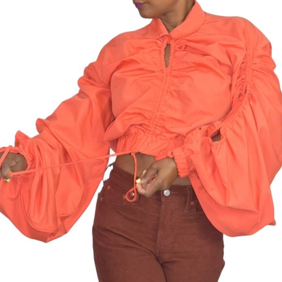 Love Highlight Bubble Sleeve Top Orange Blouse Ruched Cropped Slouchy Size Small - Picture 1 of 15